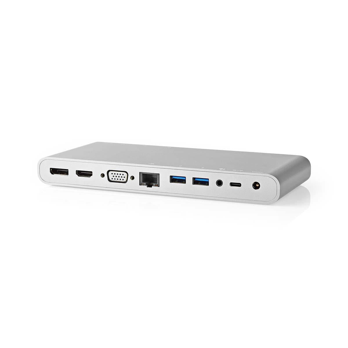 Nedis USB Docking Station | USB 3.2 Gen 1 | USB-C™ Male | DisplayPort Female / HDMI™ Output / RJ45 Female / VGA Female / 2x 3.5 mm Female / 2x USB-C™ / 4x USB-A | 0.20 m | Round | Nickel Plated | Braided / Nylon | White | Window Box with Euro Lock
