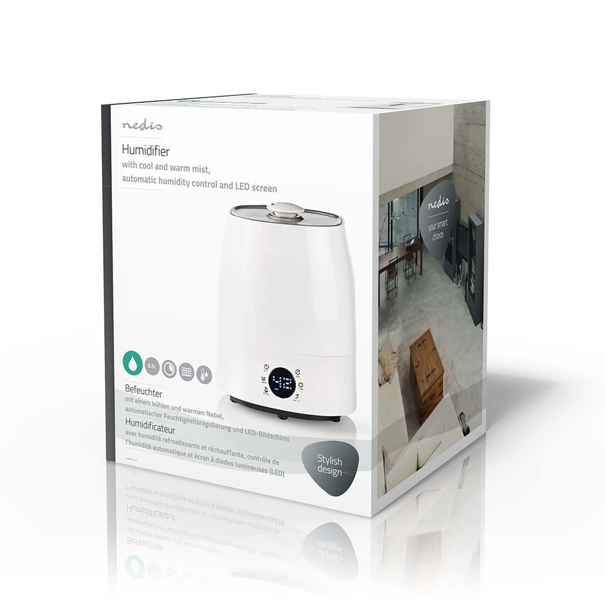 Nedis Air Humidifier | 110 W | With Cool and Warm Mist | 5.5 l | Hygrometer | Timer | Suitable for space up to: 50 m² | Grey / White