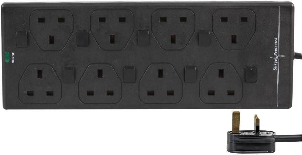 8 Gang 10m Mains Extension Lead Socket Individually Switched 13A with Surge Potection - Black