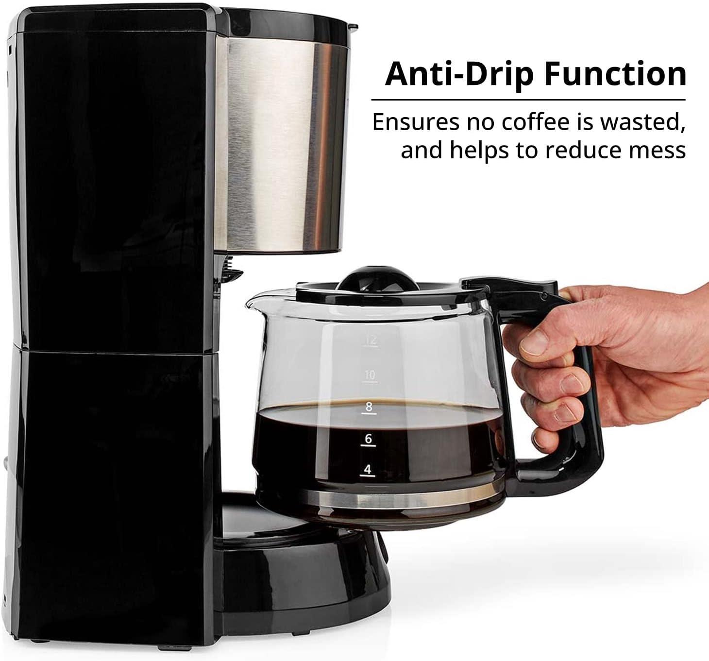 Nedis 1.25L Filter Coffee Machine with Keep Warm for 10 Cups, Anti Drip Function, Reusable Filter - Black/Silver