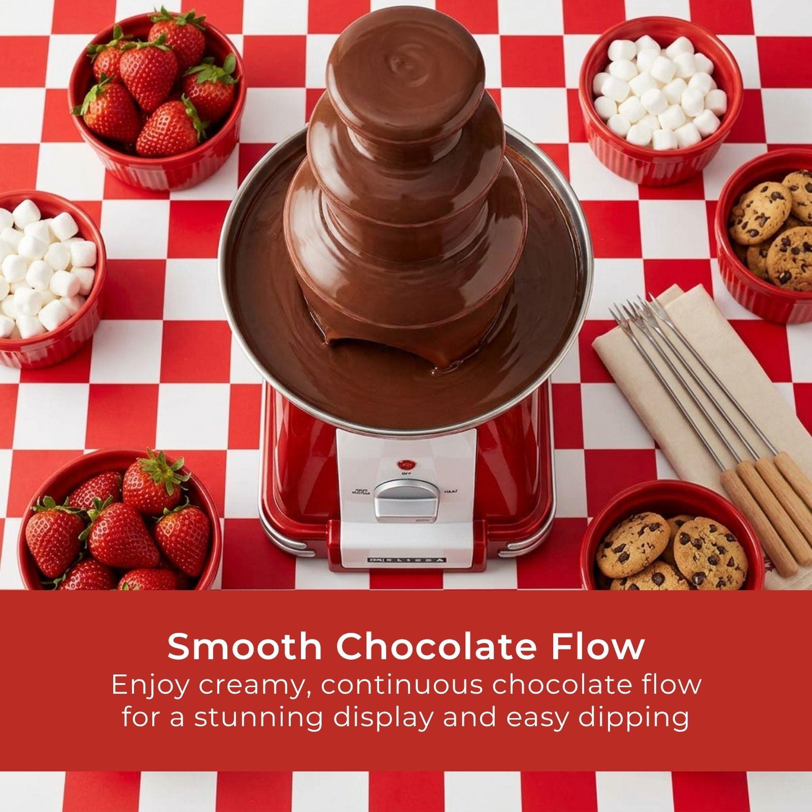 MELISSA Chocolate Fountain, Retro 3 Tier Table Top Machine with 500ml Capacity, Heat & Motor Settings, 90W - Red/White