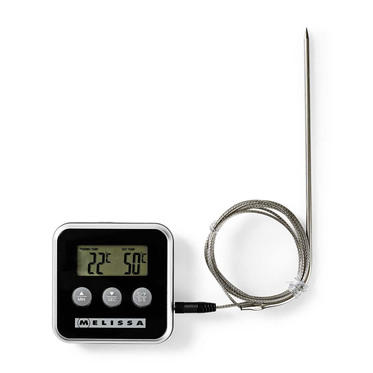Melissa Leave-in Digital Food, Meat, Baking Thermometer Temperature Probe Cooking Kitchen BBQ, with Alarm, Timer - Black