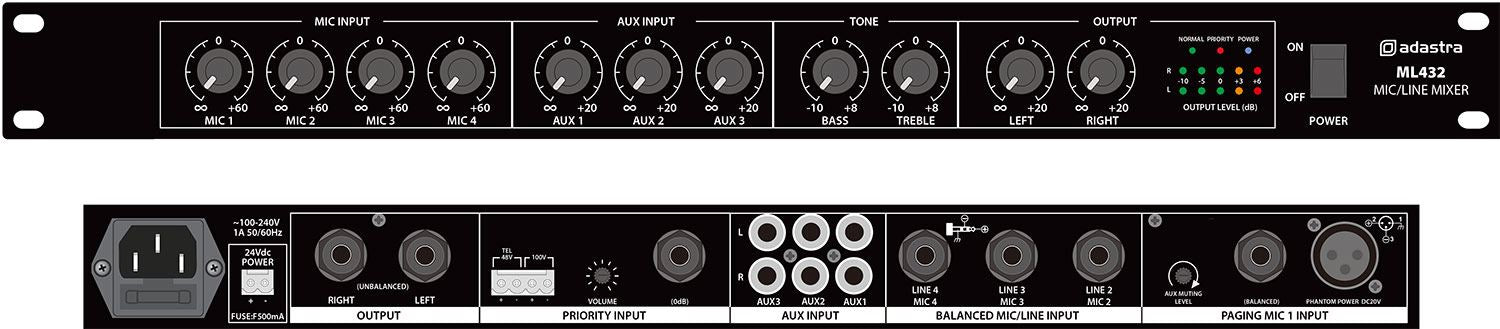 Adastra ML432 4 Mic + 3 Aux Multi Purpose Rack Mount Mixer 1U