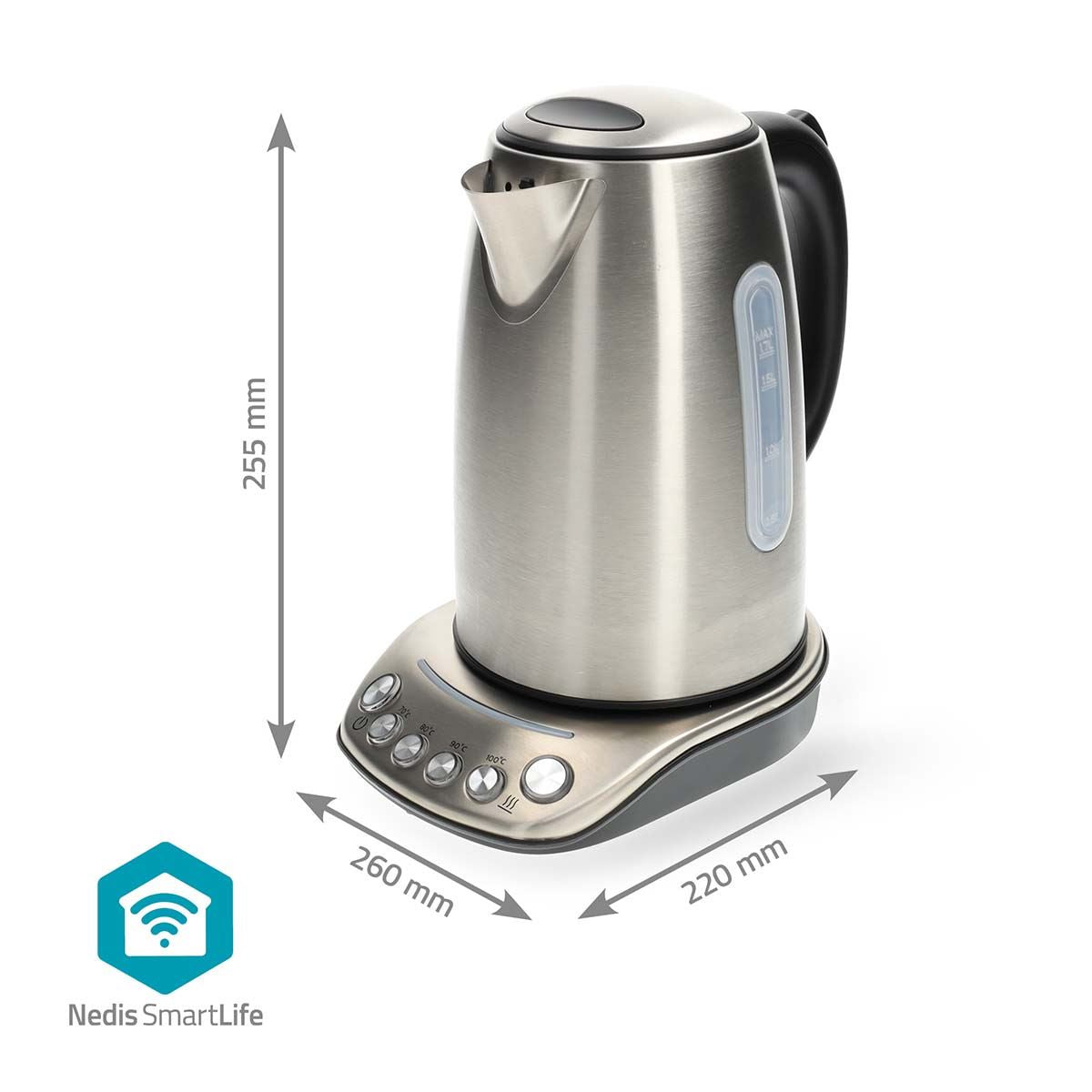 Nedis Smart Wi-Fi Kettle, 1.7L Stainless Steel, Variable Temperature 70-100oC, 2200W, App& Voice Control, Compatible with Alexa & Google