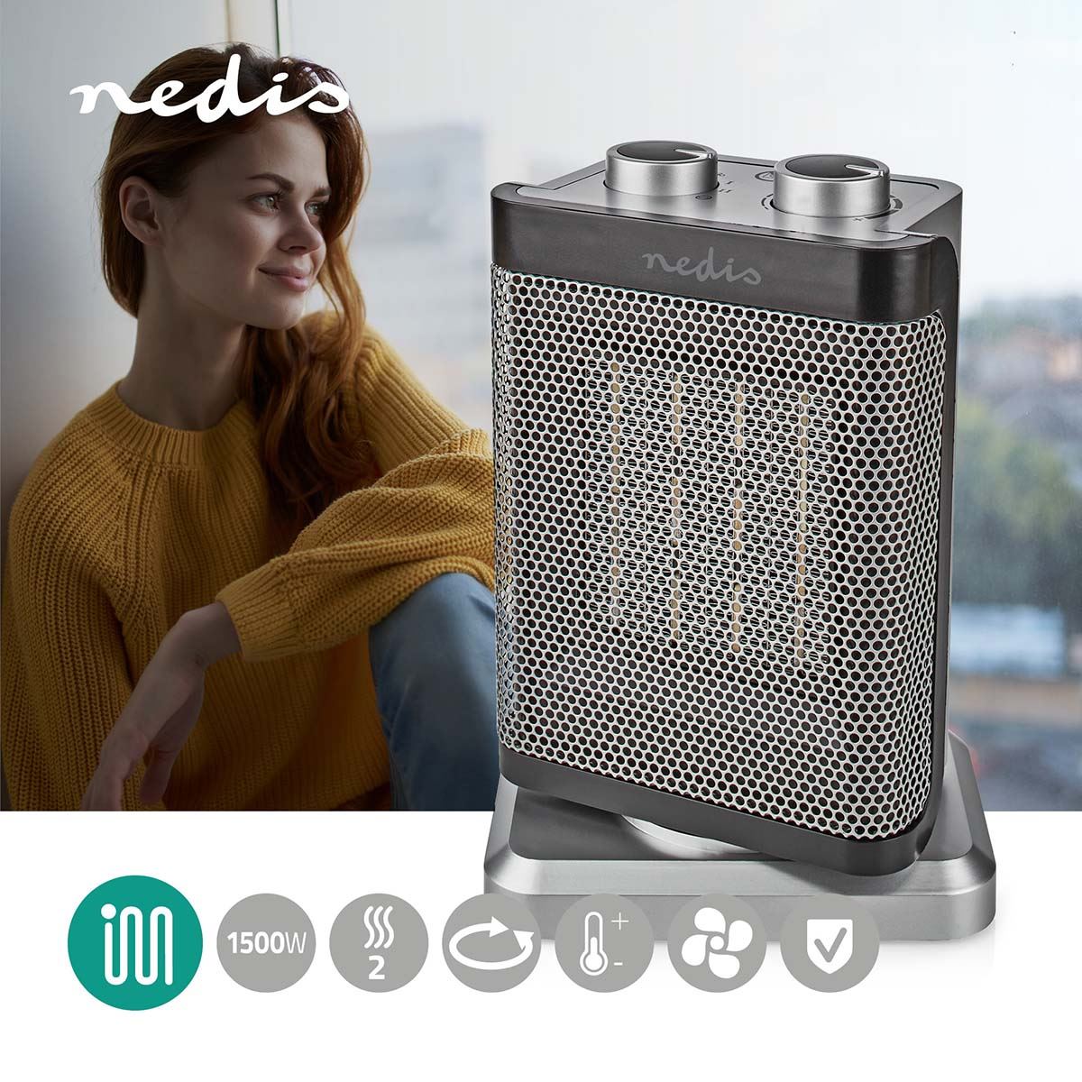 Nedis Ceramic PTC Fan Heater | 1000 / 1500 W | 2 Heat Modes | Adjustable thermostat | Rotates automatically | Overheating protection | Fall over protection