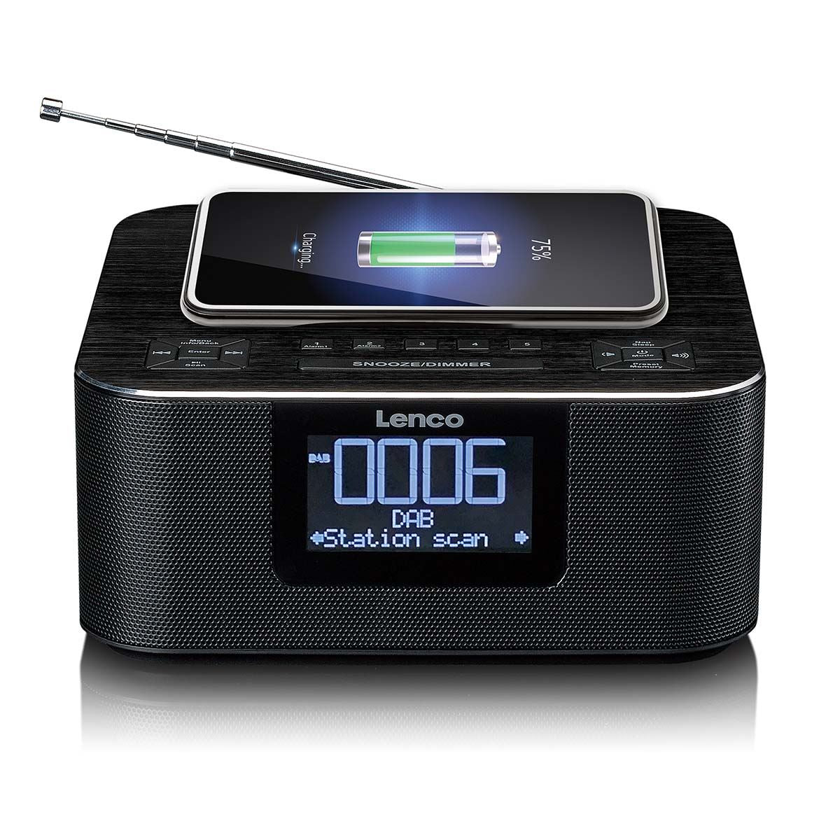 Lenco DAB+ FM Alarm Clock Radio with USB and Qi Wireless Smartphone Charging Pad | Black
