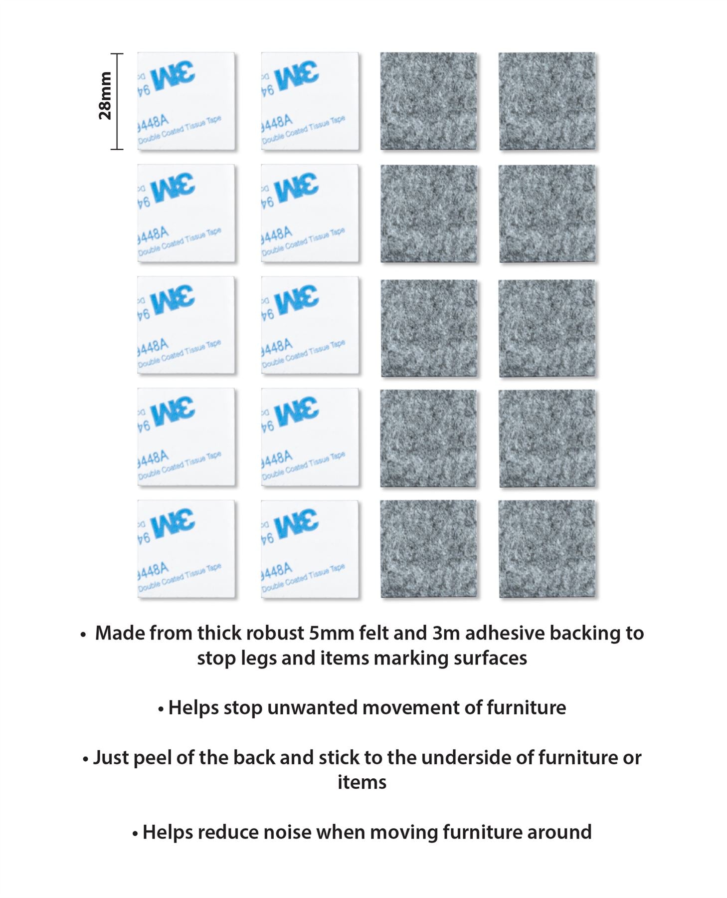 28mm 20 Pack Square Felt Pads Self Adhesive Black Sticky Furniture Floor Chair Legs Protectors