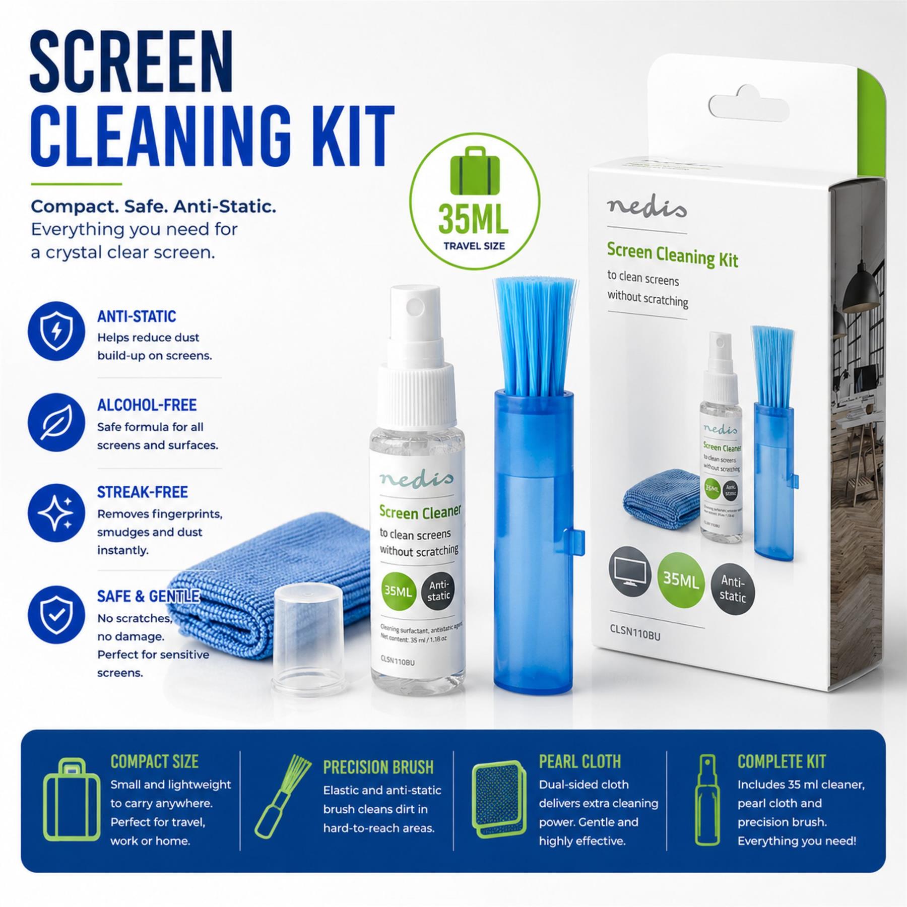 Nedis Screen Cleaner Kit for TV, PC, Smartphone & Tablet - 35ml Spray, Brush & Pearl Cloth