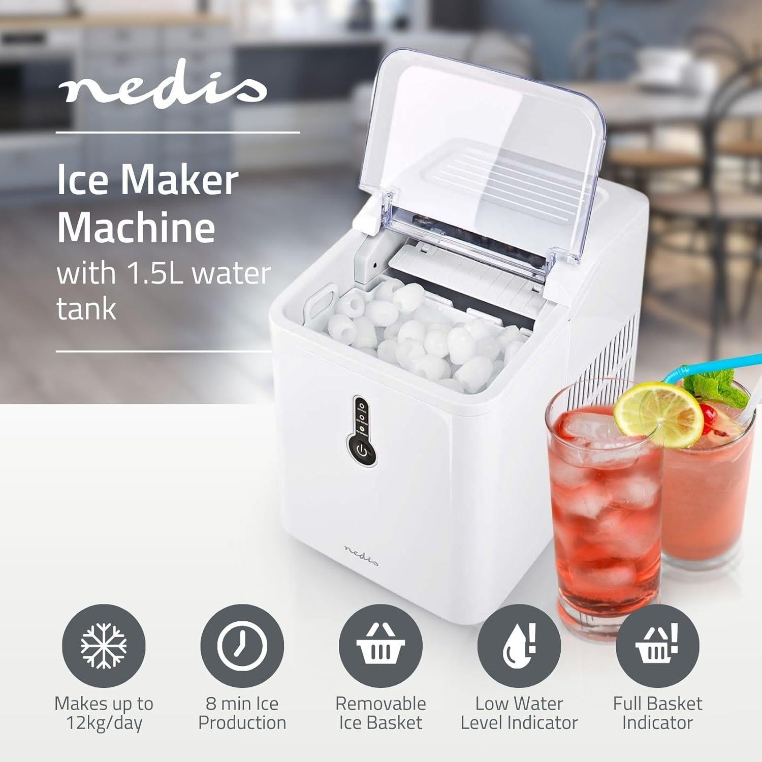 Nedis Ice Maker, Countertop Machine With 1.6L Tank, Up to 12 kg of Ice in 24hrs, Includes Removable Basket, Produces Ice Cubes in 8 Minutes - White