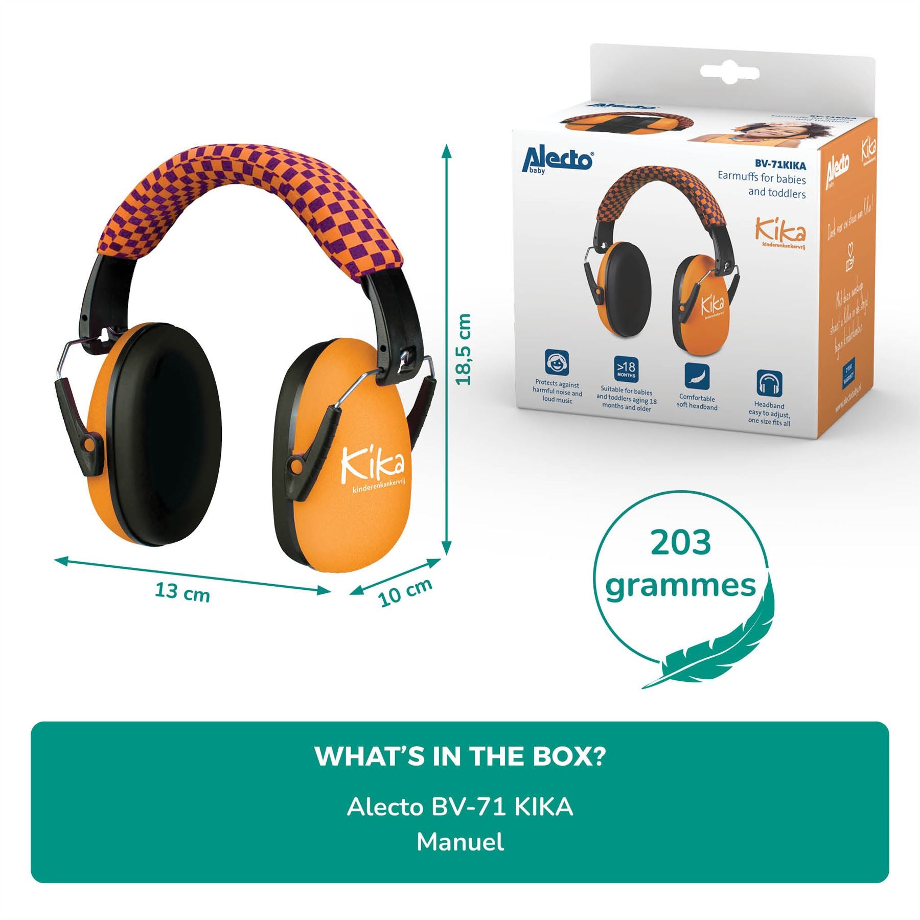 Alecto BV-71 KIKA Kids Ear Defenders Toddlers, Age 5+, Certified 25dB, Adjustable Size, Noise Cancelling Headphones, Ear Defenders Autism, Ear Muffs for Toddler, Boys, Girls, School - Orange