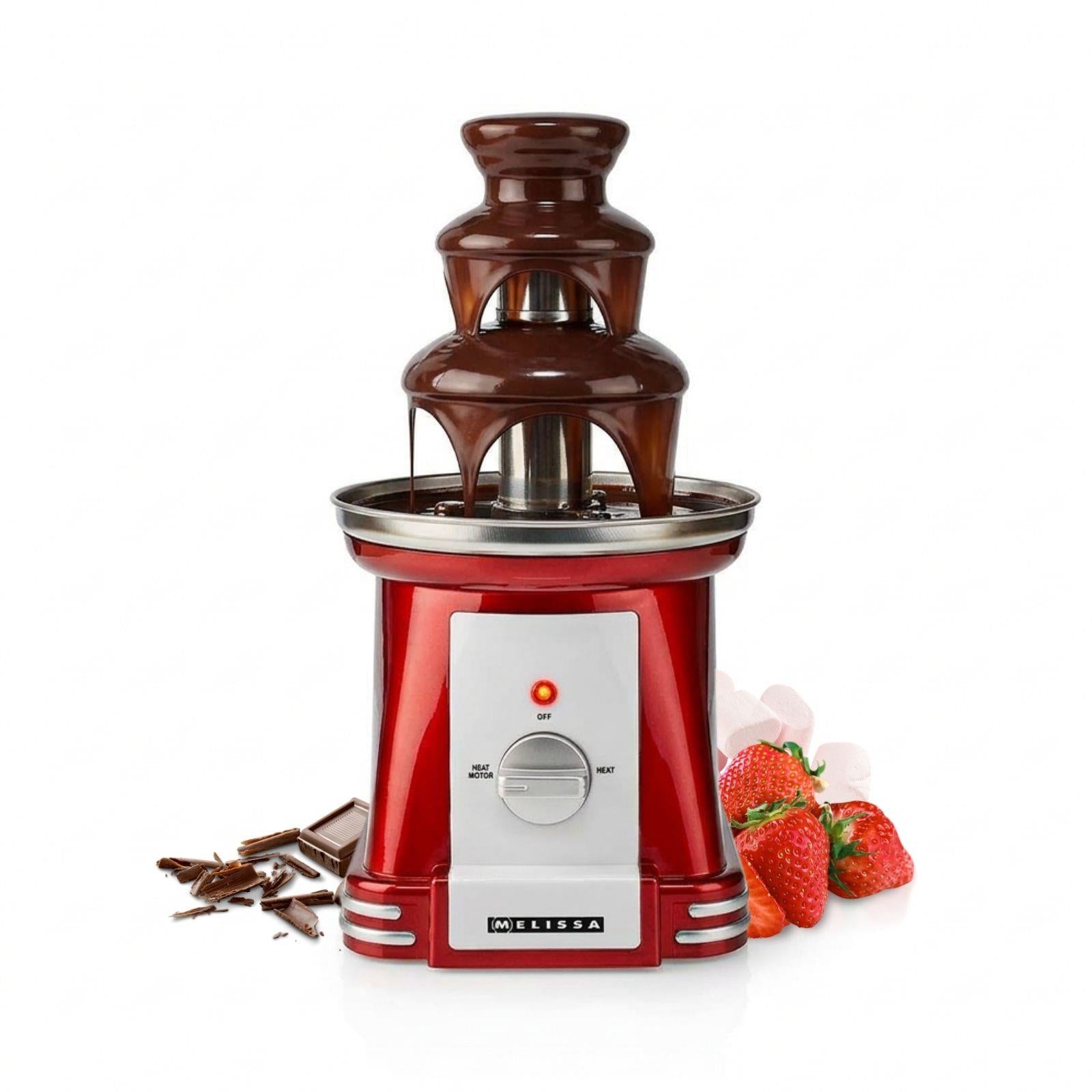 MELISSA Chocolate Fountain, Retro 3 Tier Table Top Machine with 500ml Capacity, Heat & Motor Settings, 90W - Red/White
