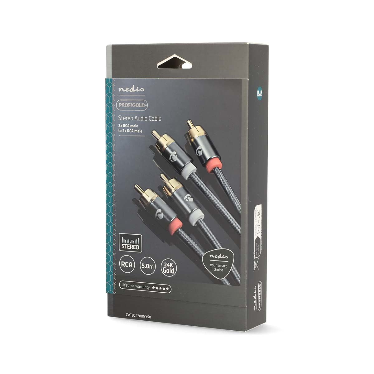 Nedis Stereo Audio Cable | 2x RCA Male | 2x RCA Male | Gold Plated | 5.00 m | Round | Grey / Gun Metal Grey | Cover Window Box