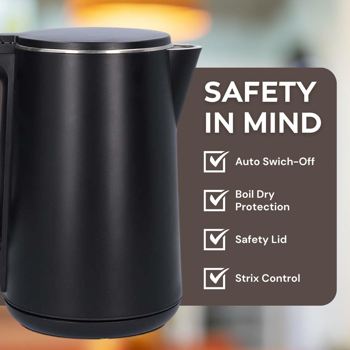 Nedis 1.5L Electric Kettle with Double Walled Insulation, Boil-Dry Protection and Limescale Filter for Fresher Water, 2200W - Black