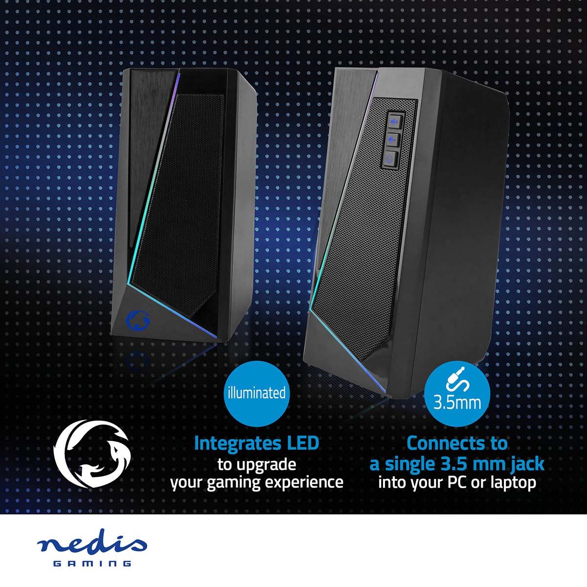 Nedis Gaming Speaker | Speaker channels: 2.0 | USB Powered | 3.5 mm Male | 18 W | LED | Volume control