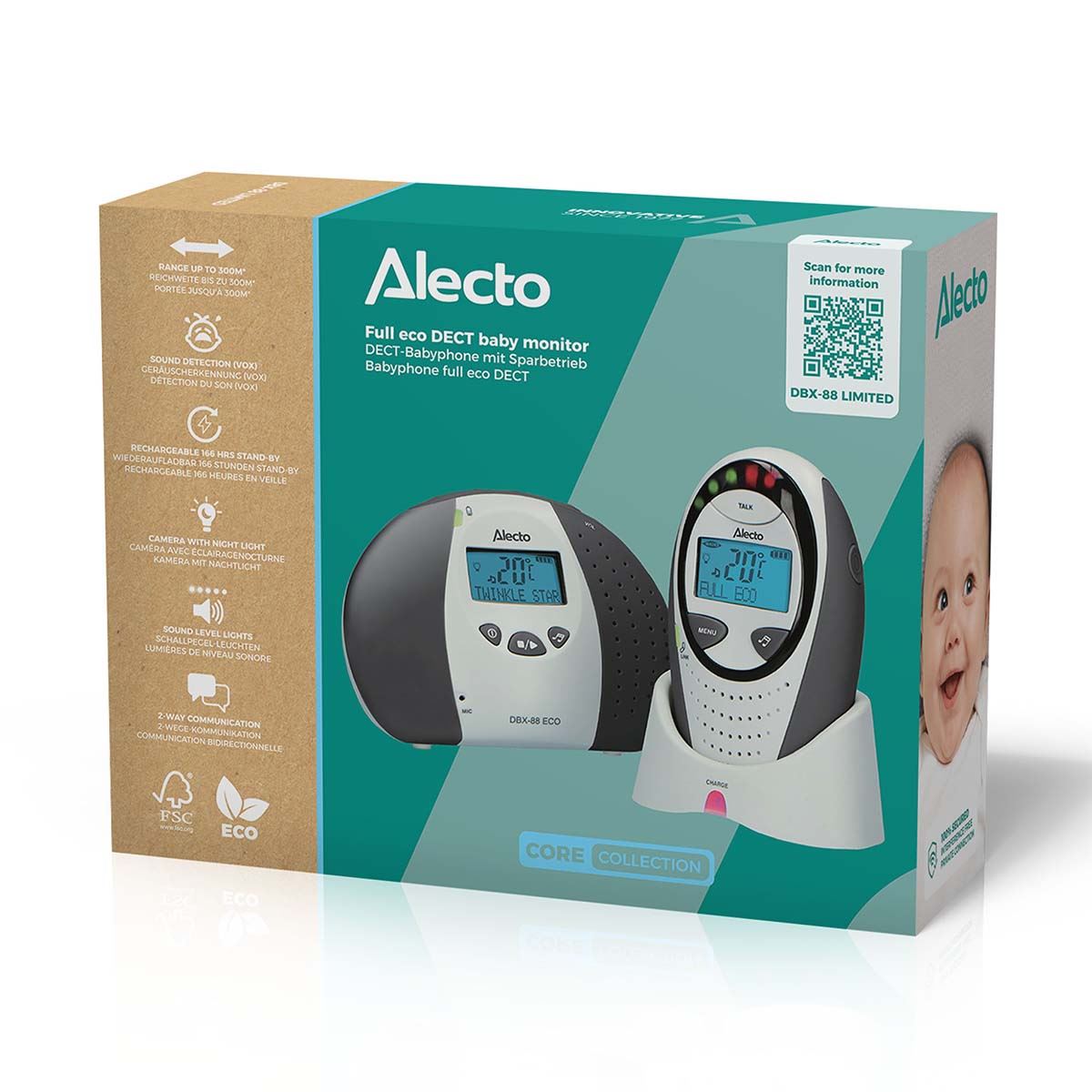 Alecto DBX88G Digital Audio Baby Monitor, Parent Unit with Rechargeable Battery, Long Range, Digital Transmission, Crystal-Clear Sound, lullaBY, Plug & Play, Sound Indicator & Alerts