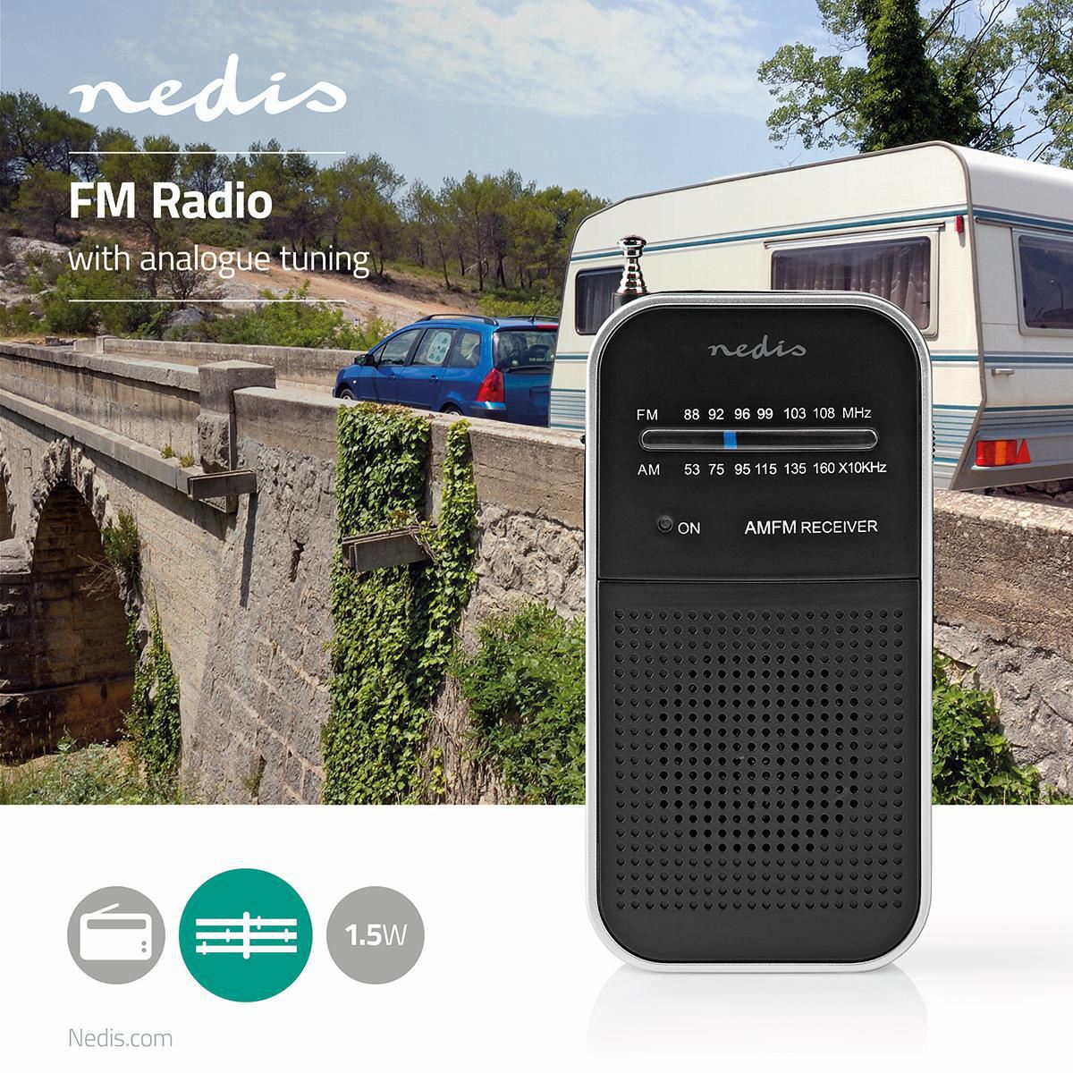 Nedis FM Radio | Portable Design | AM / FM | Battery Powered | Analogue | 1.5 W | Black White Screen | Headphone output | IP20 | Aluminium / Black