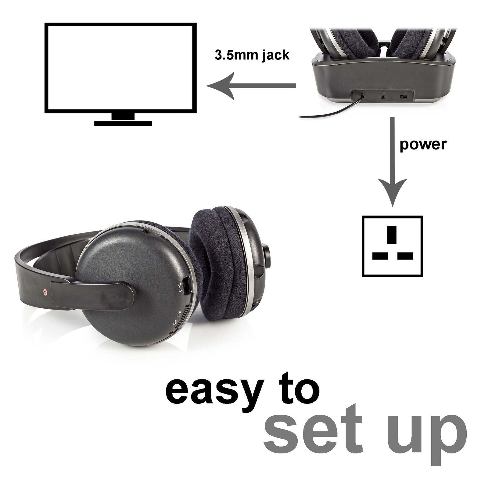 Nedis Wireless TV Headphones | RF, frequency 868 Mhz | Over-Ear | Maximum battery play time: 11 hrs | 100 m | Digital Audio | Charging dock | Black / Silver