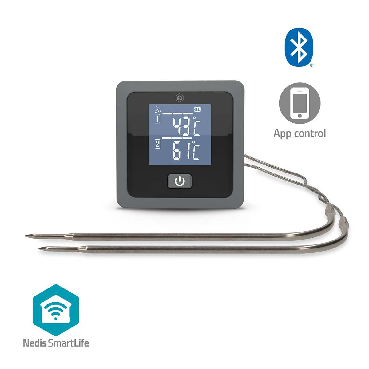 Nedis Leave-in Smart Digital Food, Meat, Baking Thermometer Temperature Probe Cooking Kitchen BBQ, with Alarm, Timer - Black