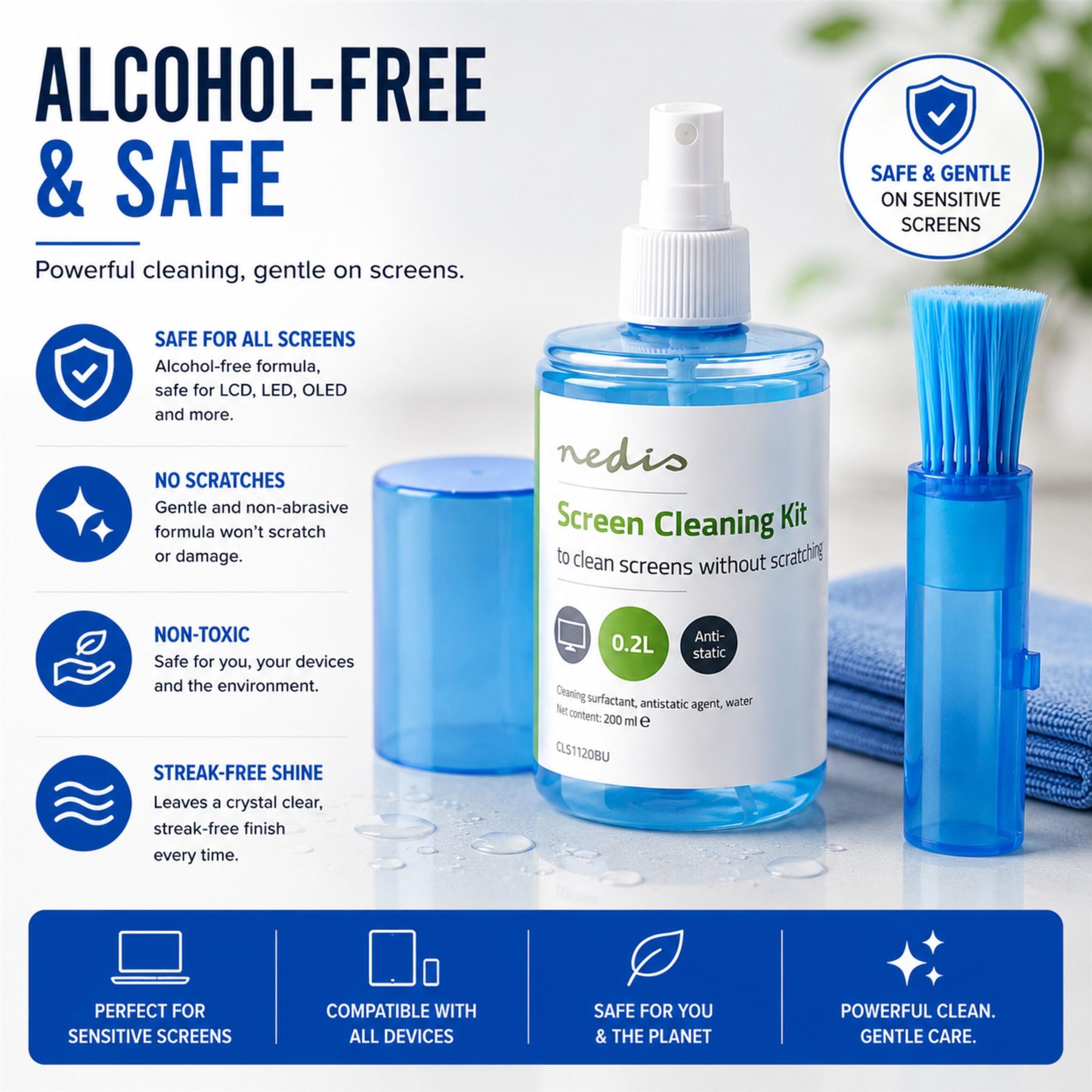 Nedis Screen Cleaner Kit for TV, PC, Smartphone & Tablet, 200 ml Spray, Brush & Pearl Cloth