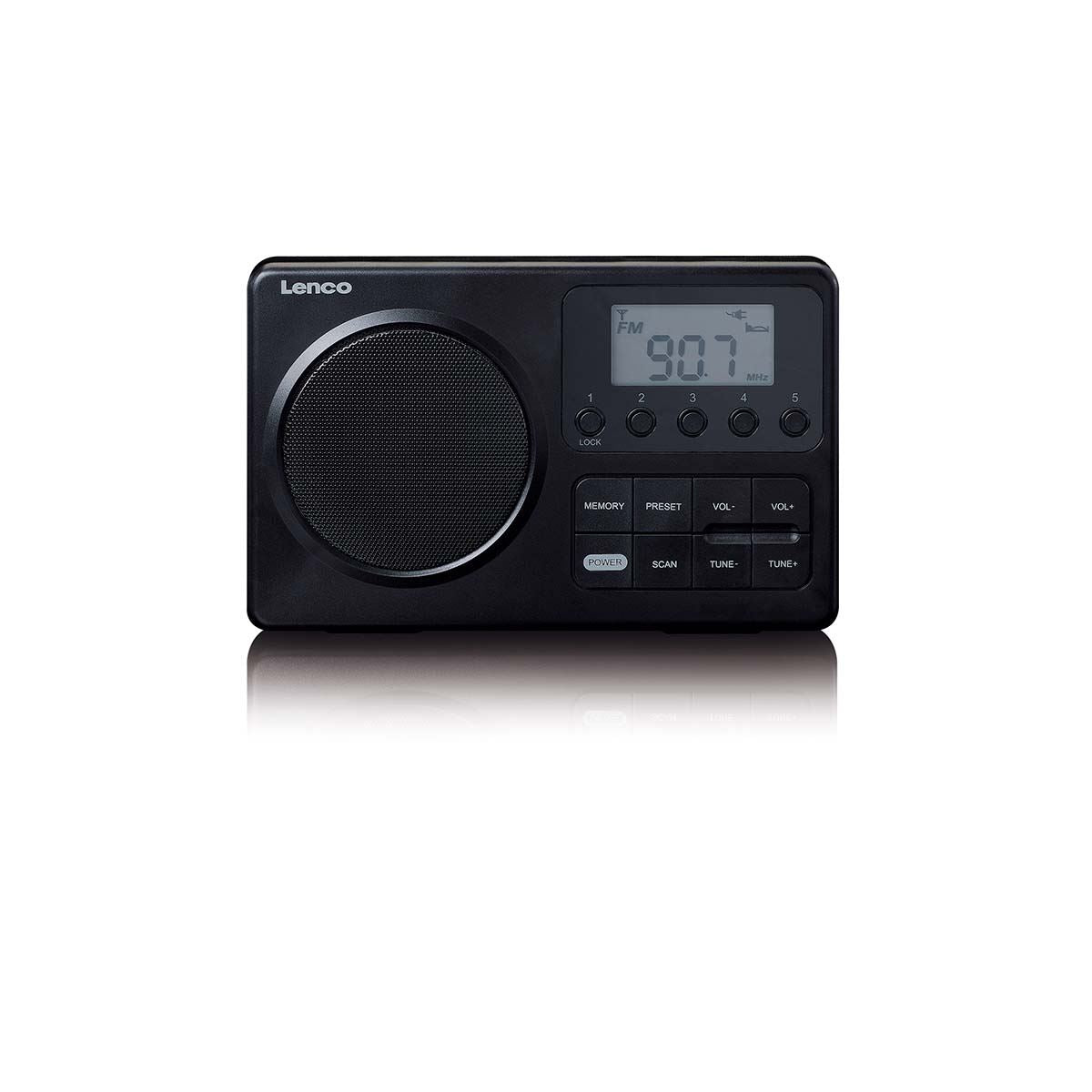 Lenco Compact Portable FM Radio, Mains or Battery Powered with LCD Screen - Black