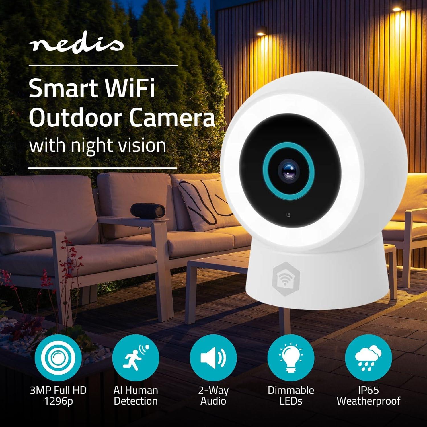 Nedis SmartLife Outdoor Camera, Wi-Fi, 3MP 1296p, Motion Sensor, AI Human Detection, Dimmable Spotlight Full-Colour Night Vision, Two-Way Audio, IP65 Weatherproof - White