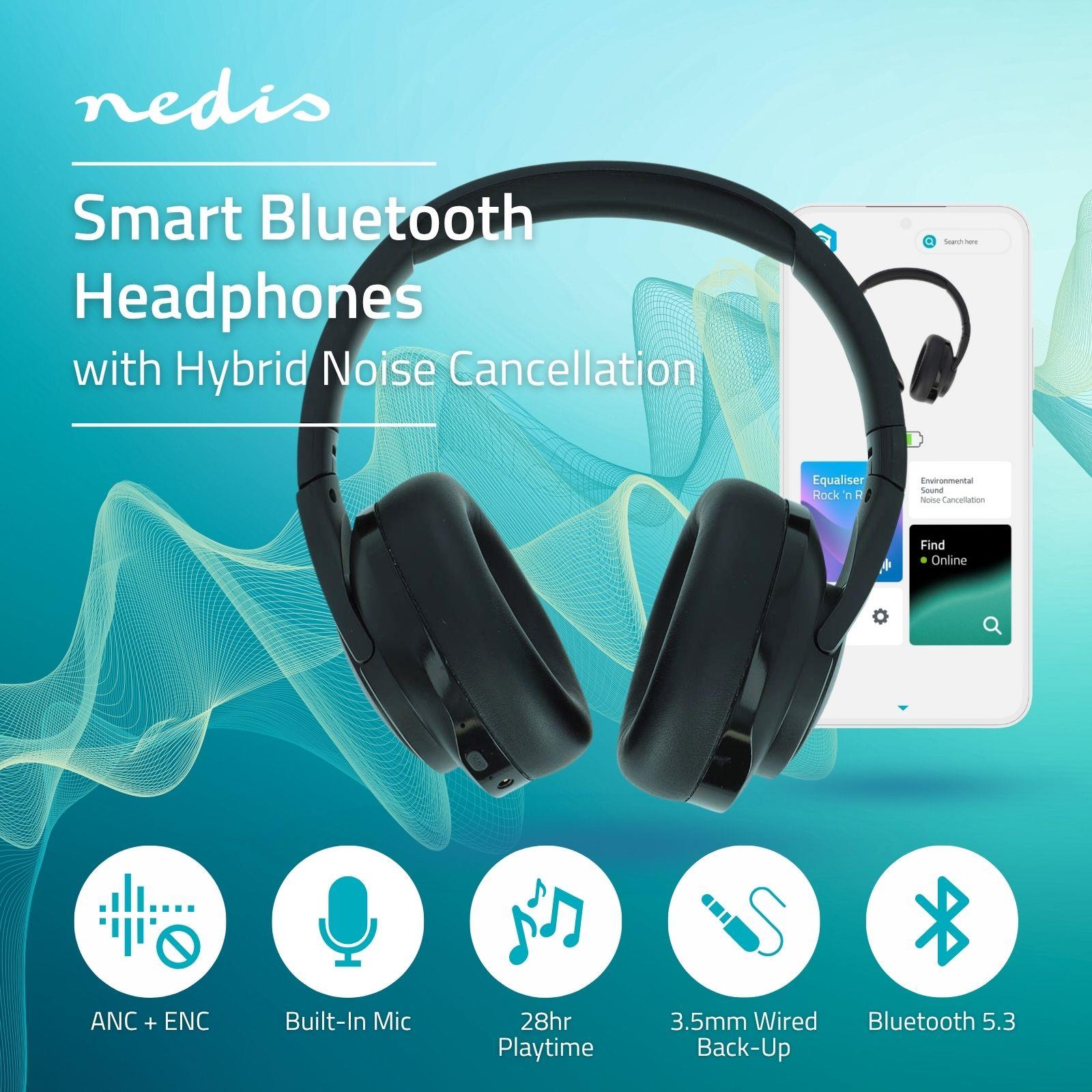 Nedis Smart Bluetooth Over-Ear Headphones, Hybrid ANC & ENC Noise Cancelling, 28h Playtime, USB-C, Mic, EQ Modes, App & Voice Control, Foldable - Black