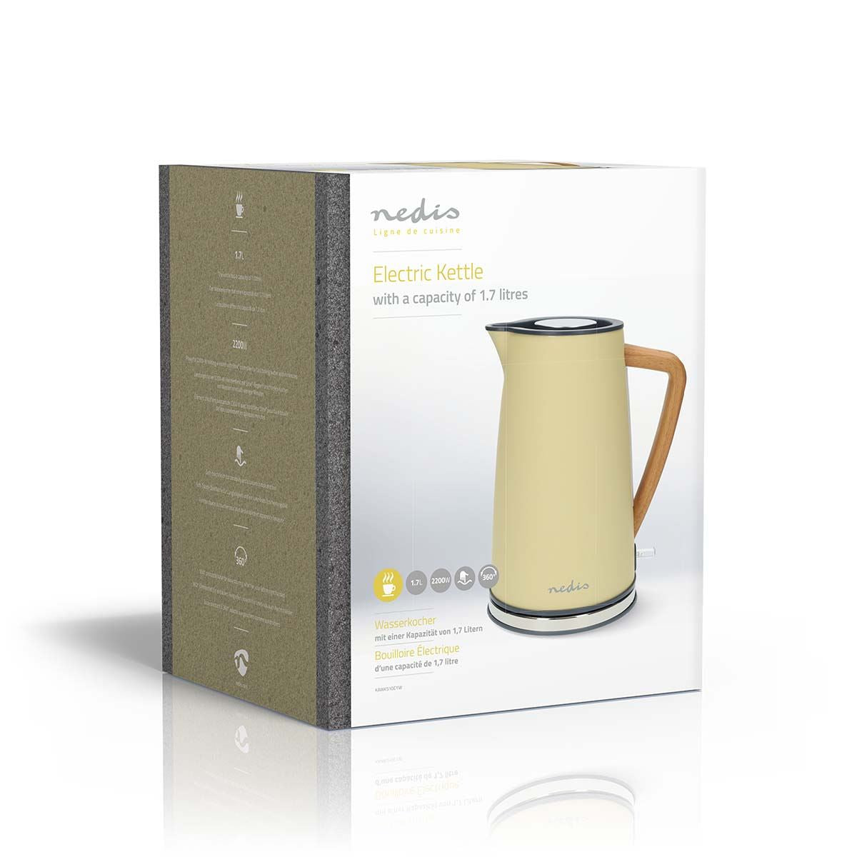 Nedis 1.7L Soft Touch Jug Kettle with Wood Effect Handle, Overheat Protection, Removeable Filter, 2.2KW - Yellow
