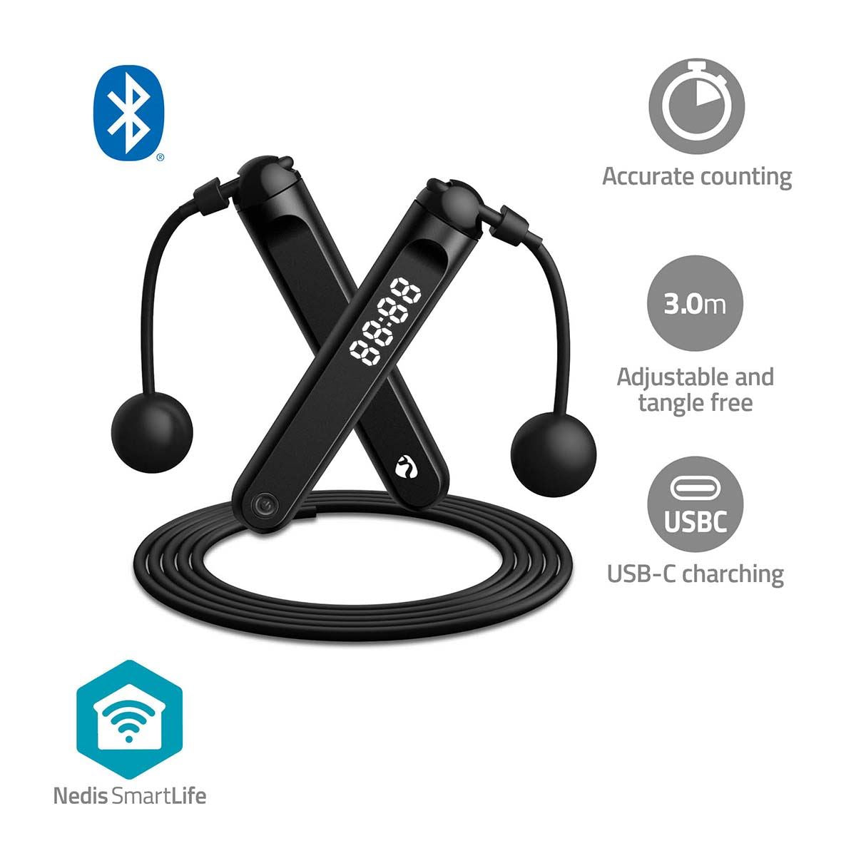 Nedis Smartlife Bluetooth Skipping Exercise Fitness Rope LED / App Counter Adult & Kids