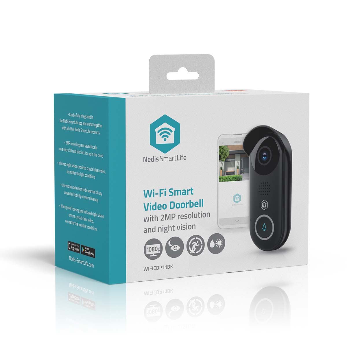 Nedis SmartLife Wireless Video Doorbell WiFi Camera,| Full HD 1080p | Cloud Storage (optional) / microSD (not included) / Onvif | IP54 | With motion sensor | Night vision | Black