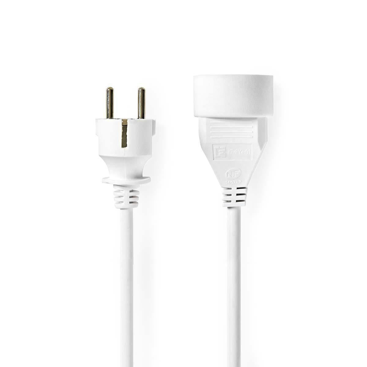 Nedis EU Shuko Power Extension Cable | Plug with earth contact male | Plug with earth contact female | Straight | Straight | Nickel Plated | 10.0 m | Round | White | Shrink Pack