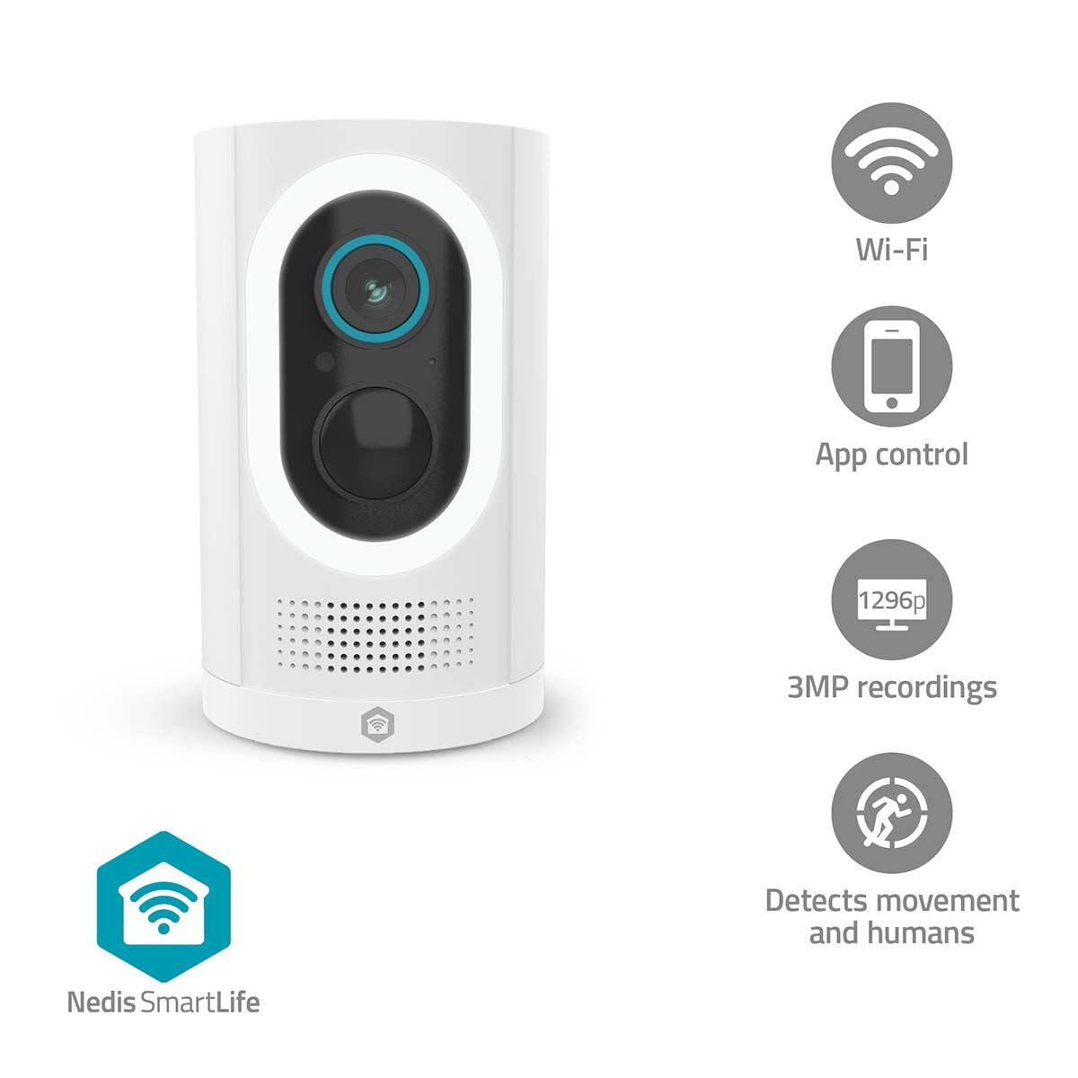 Nedis SmartLife Outdoor Camera | Spotlight | 3MP Full HD 1296p | IP65 | Max. battery life: 6 Months | Cloud Storage (optional) / microSD (not included) | 5 V DC | With motion sensor | Night vision | White