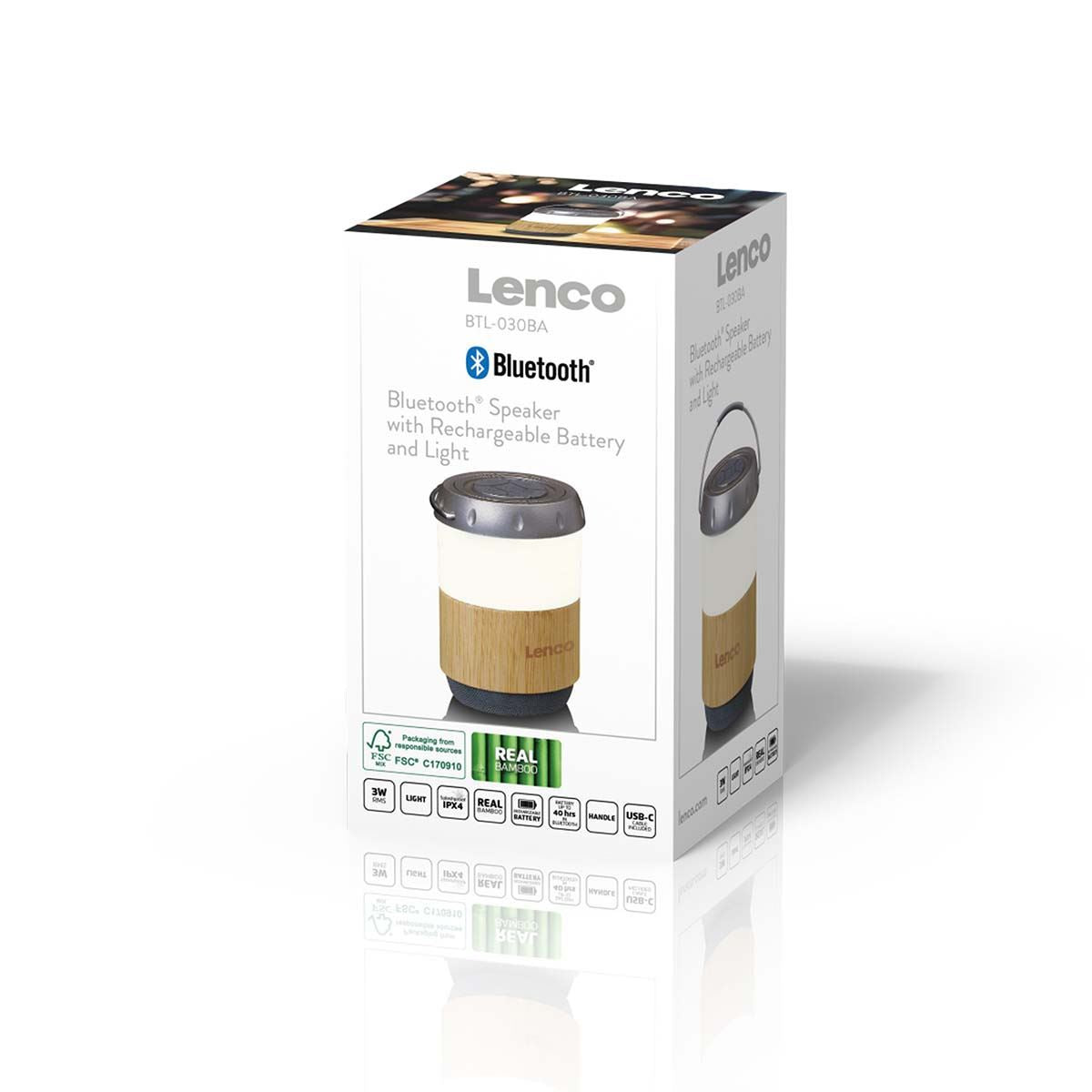 Lenco IPX4 Patio Table Lantern with Built-in Bluetooth® Speaker | Bamboo