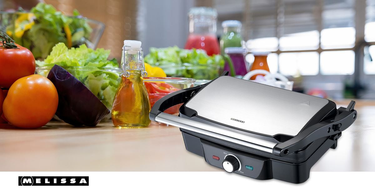 MELISSA 2-in-1 Electric Panini Press & Grill, Fold-Out, 1600W with Non-Stick Reversible Plates, Adjustable Temperature Control & Drip Tray