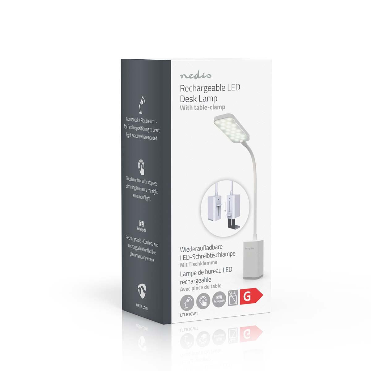 Nedis Rechargeable LED Desk Lamp with Clamp - Gooseneck Light, Touch Dimmable, 20 LEDs, USB-C, Study & Work Lamp