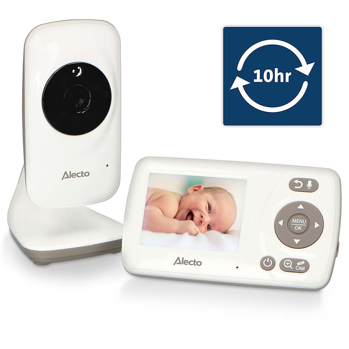 Alecto DVM-71 Video Baby Monitor with Camera, 2.4" Inch No Wifi Baby Monitor, Temperature, Night Vision, Lullaby, Two-Way Audio - White / Taupe
