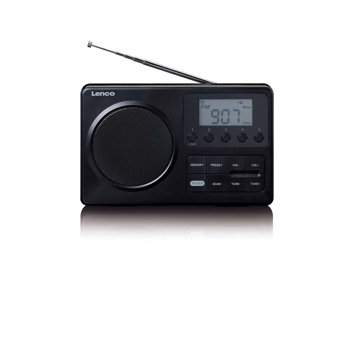 Lenco Compact Portable FM Radio, Mains or Battery Powered with LCD Screen - Black