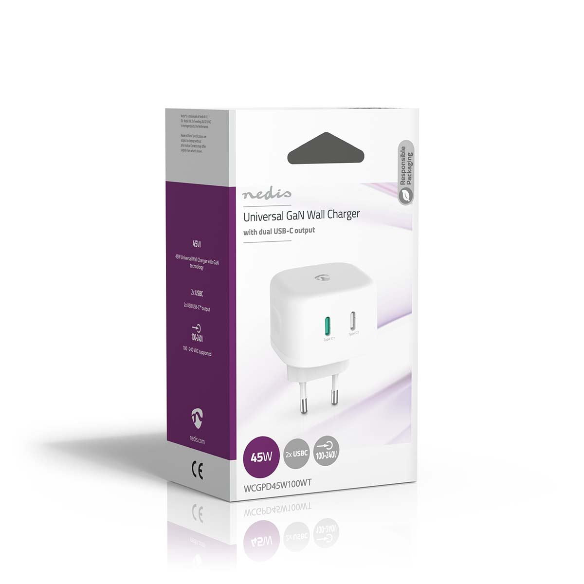 Nedis EU Euro Travel Wall Charger | 45 W | GaN | PD3.0 45W | Quick charge feature | 2.25 / 3.0 A | Number of outputs: 2 | 2x USB-C™ | Automatic Voltage Selection | White