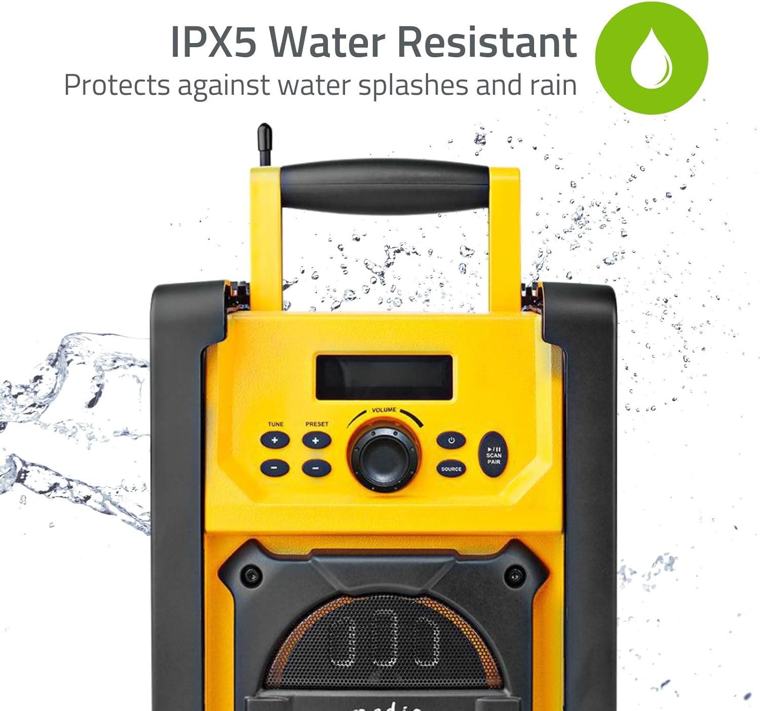 Nedis FM Radio | Jobsite Radio | FM | Battery Powered / Mains Powered | Digital | 15 W | Screen size: 2.2 " | Blue White Screen | IPX5 | Carrying handle | Black / Yellow