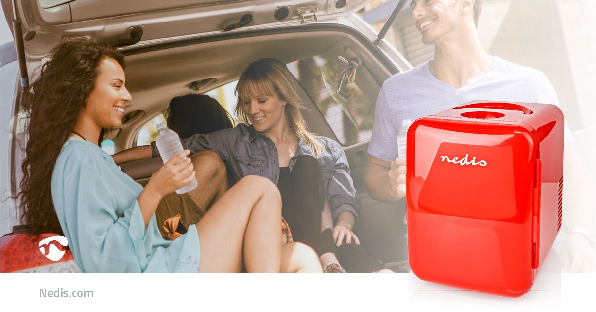 Nedis 4L Portable Mini Fridge Electric Small Cooler Ice Bedroom Office Mains/Car Red