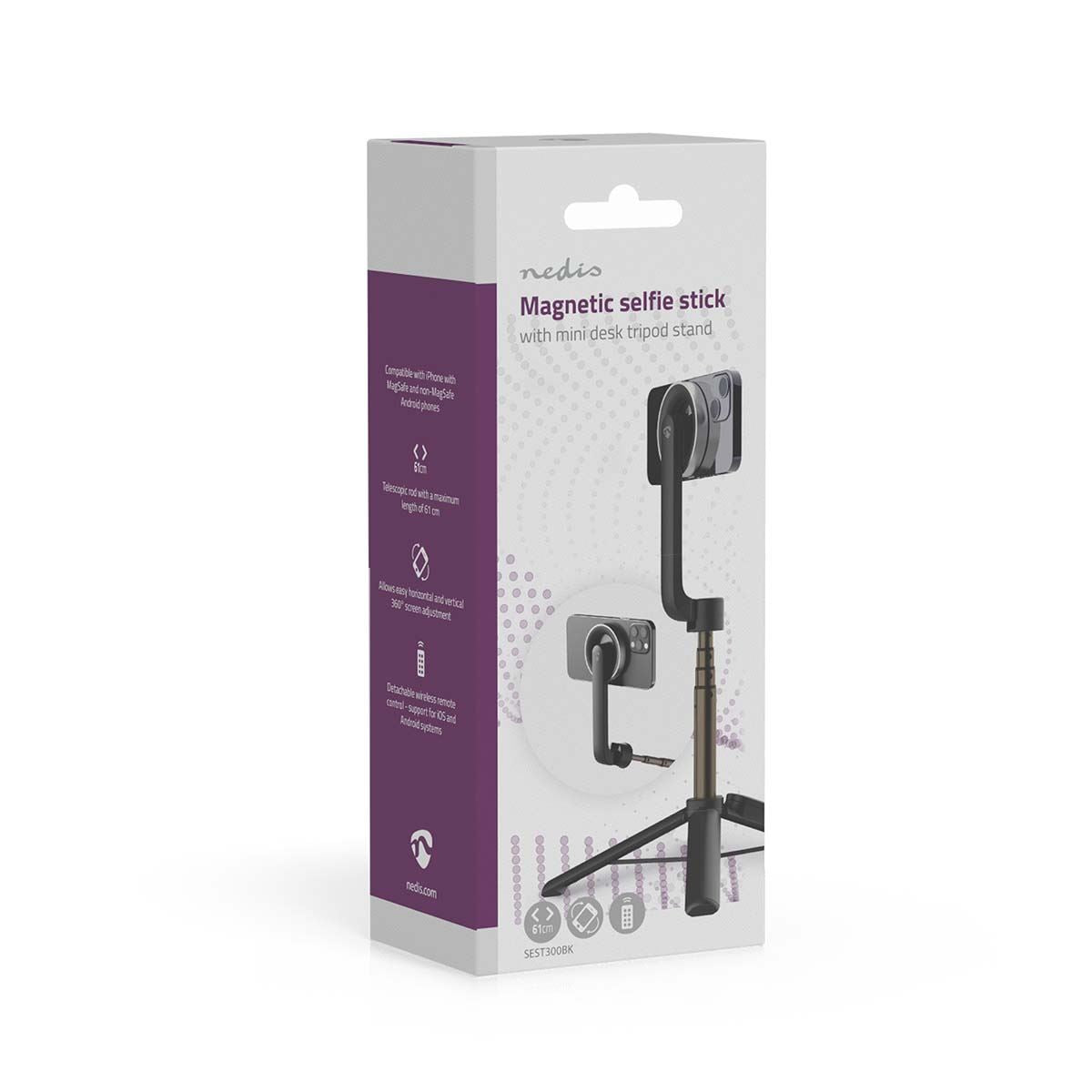 Nedis Bluetooth® Selfie Stick | Bluetooth® version: 5.0 | Maximum screen size: 7 " | Folded lenght: 17 cm | Unfolded length: 61 cm | Maximum weight capacity: 1000 g | Battery Powered