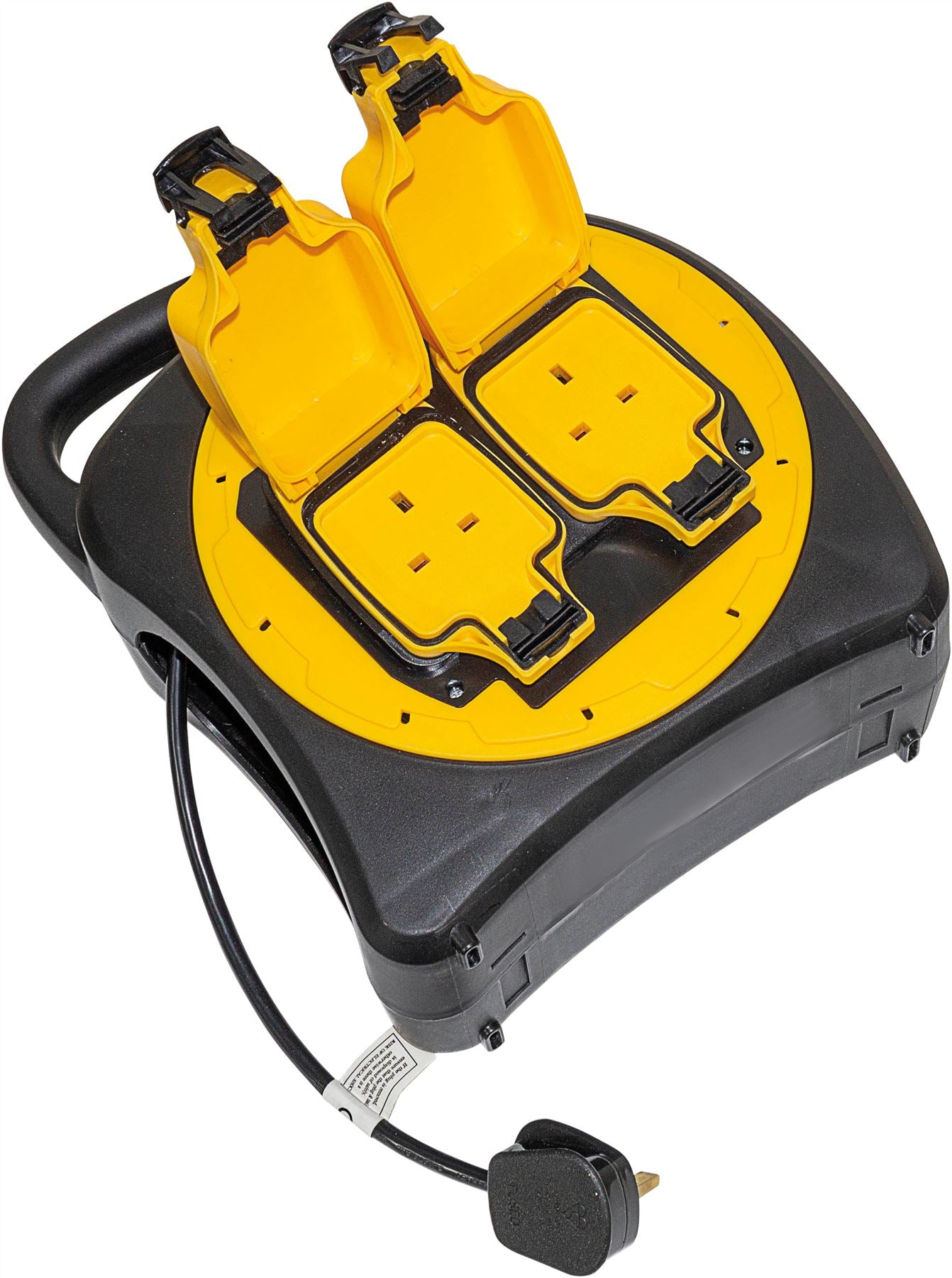 13A 2 Gang Indoor Outdoor Weatherproof Garden Reel Mains Extension 25m Cable IP54 240V Black and Yellow