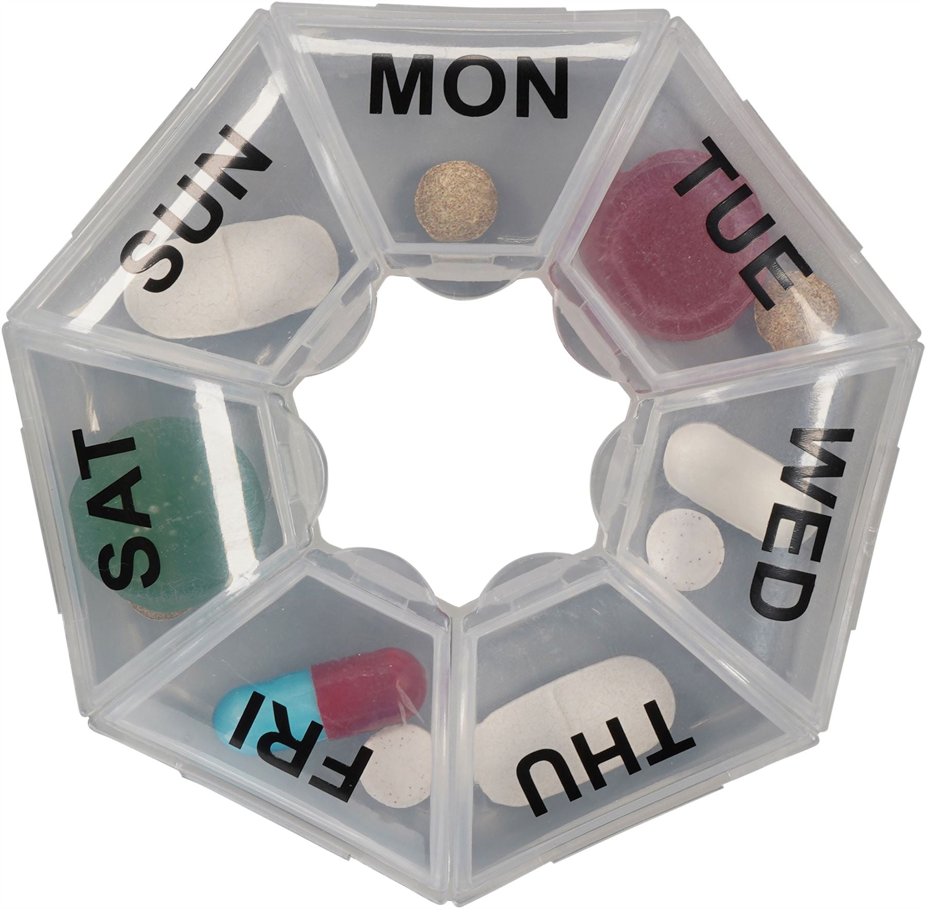 7 Day Weekly Pill Box.Compact,Portable,Easy Flip-Up Lids,Clearly Labelled Days of Week,Will Hold Several Pills per Compartment,Alzheimers,Dementia Aid