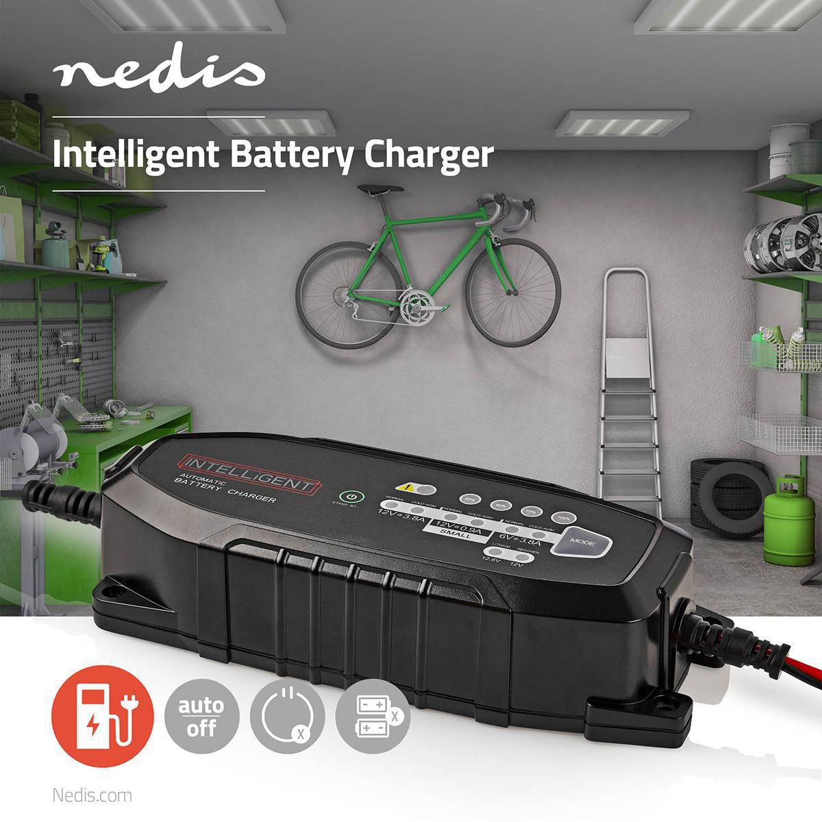 Nedis Lead-Acid Battery Charger | 6 / 12 / 12.8 V DC | 3.8 A | Trickle charging | Battery Clamps | Battery type: AGM / Gel / Lead Acid / SLA / VRLA | Black