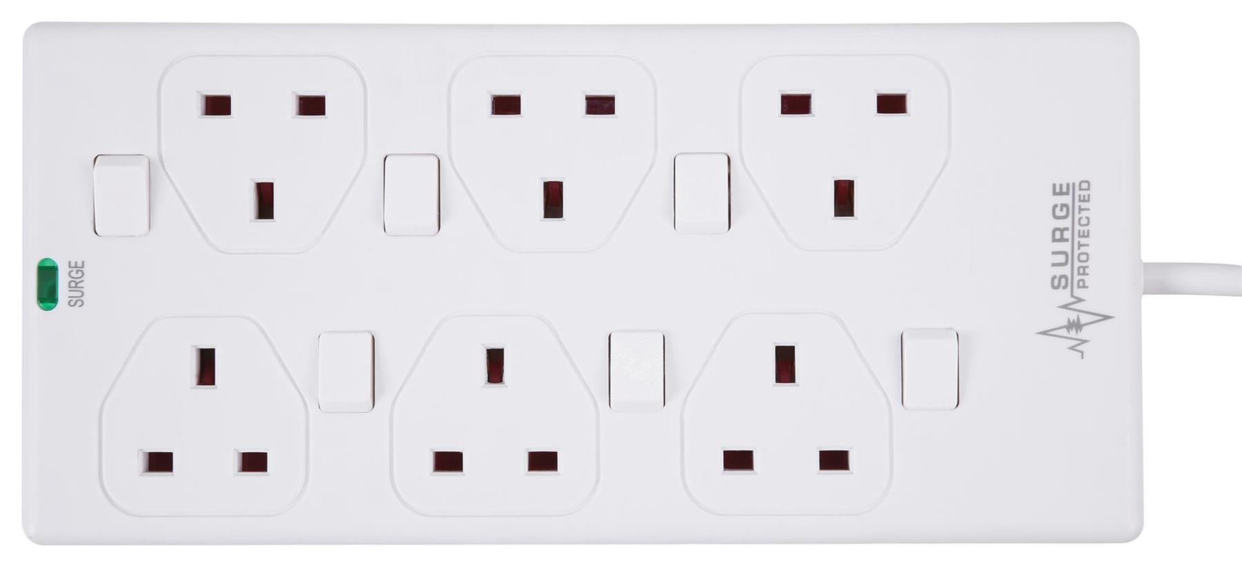 6 Gang 3m Mains Extension Lead Socket Individually Switched 13A with Surge Potection - White