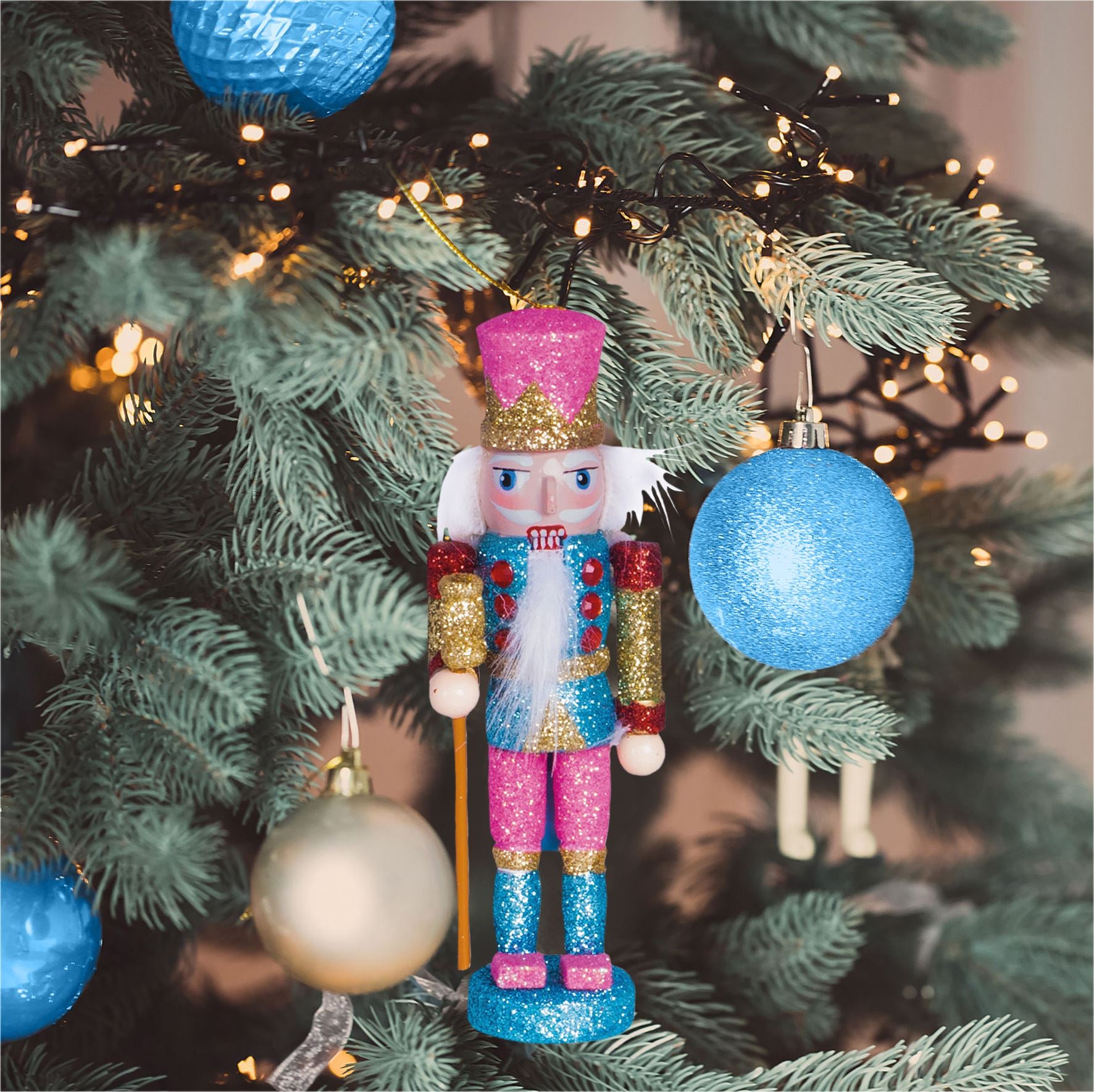 Glitter Nutcracker Hanging Christmas Tree Decoration - Pink