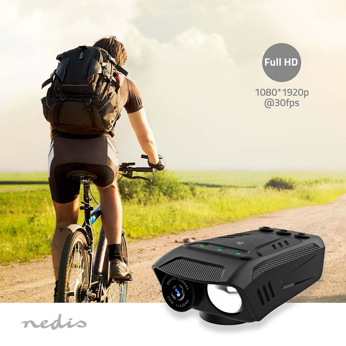 Nedis 3-in-1 Full HD Cycling Camera with Bike LED Head Light & Horn, 1080p 2MP, 600lm Night Mode, Waterproof, USB-C, 10hr Battery, MicroSD Slot � Black