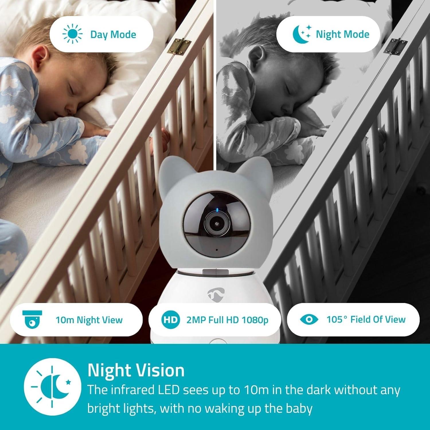 Nedis Smart Wifi Baby Monitor, Indoor Camera Full HD 1080p, Night Vision, PTZ, Motion & Sound Detection, 2-Way Audio, Humidity & Temperature Sensor, App Control � White/Grey