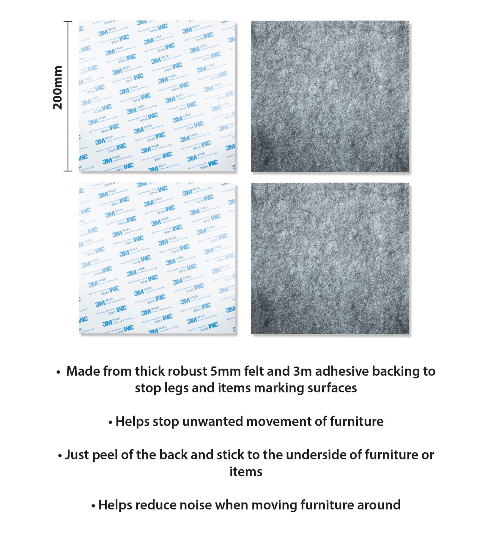 200mm 4 Pack Square Felt Pads Self Adhesive Black Sticky Furniture Floor Chair Legs Protectors