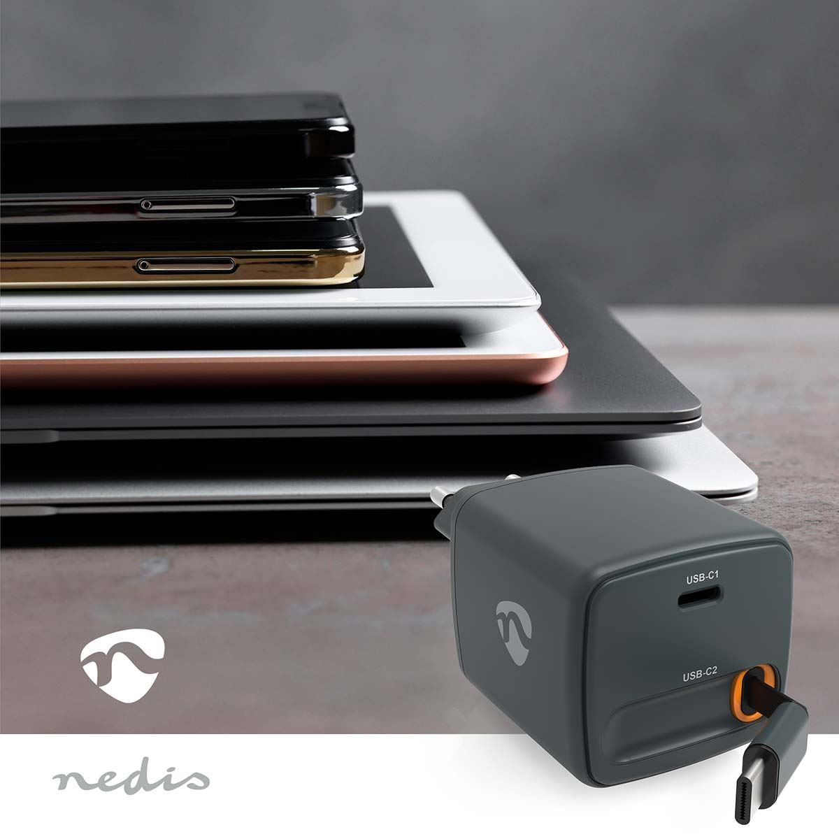 Nedis EU Wall Travel Charger with Retractable Cable | 30 W | GaN | PD3.0 30W | 1.5 / 2.0 / 2.5 / 3.0 A | Number of outputs: 1 | USB-C™ | USB-C™ Retractable Cable | 0.75 m | Automatic Voltage Selection | Black