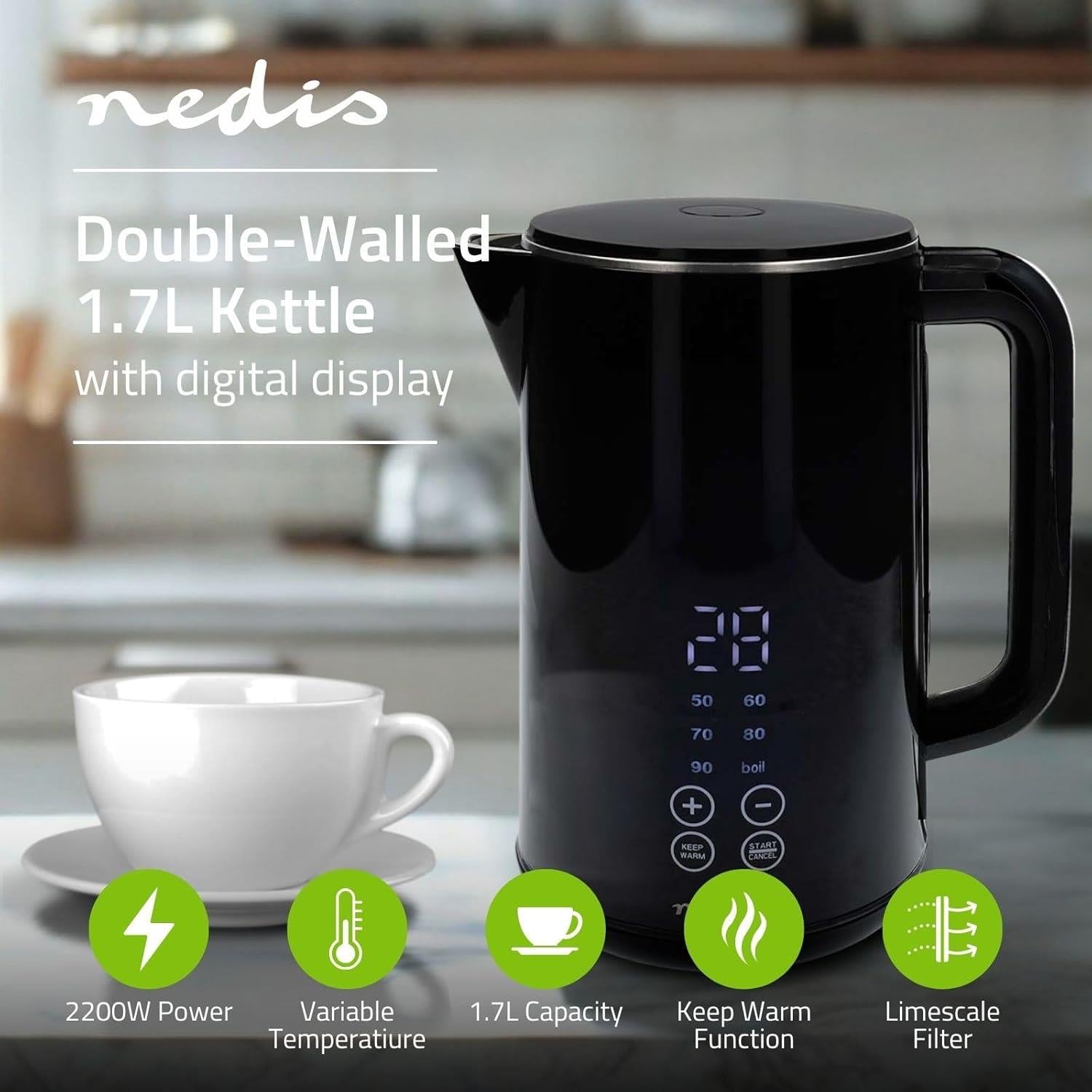 Nedis Electric Kettle 1.7L, Digital Temp Control 50-100oC, Keep Warm Function, 360 Degree Cordless Base, Black